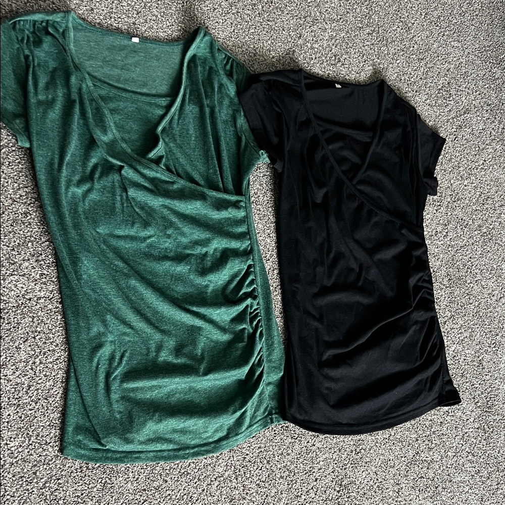 NEW 2-pack super soft maternity/nursing tops in dark green & black (size S)